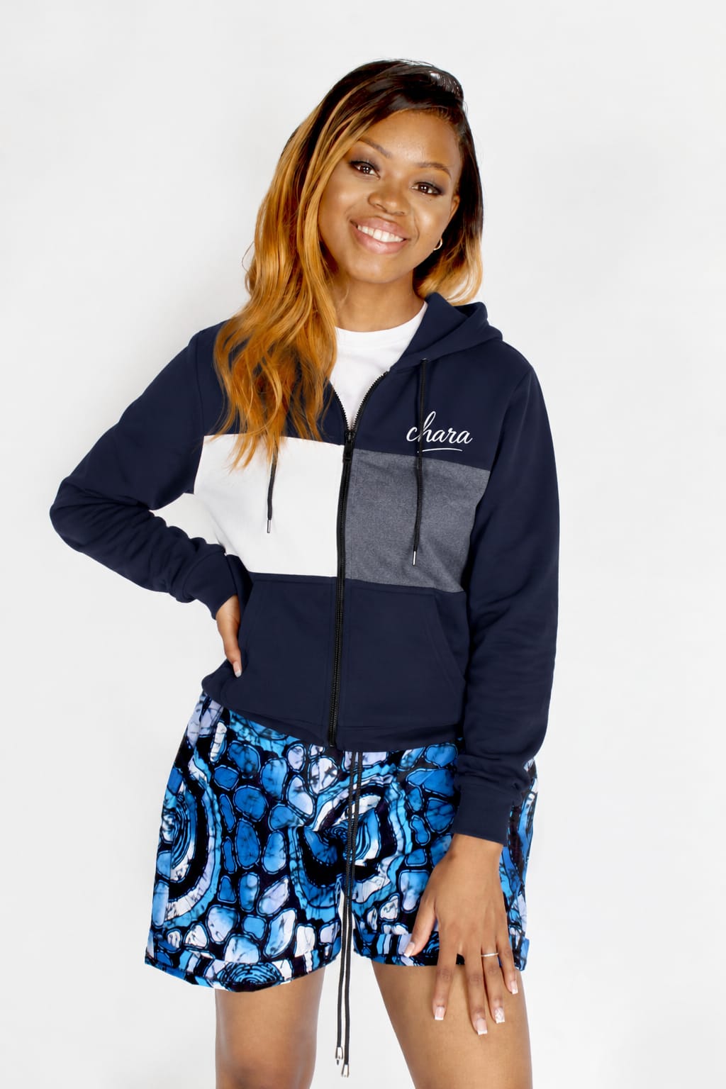 Navy Blue Hoodie (White and Grey Patches )